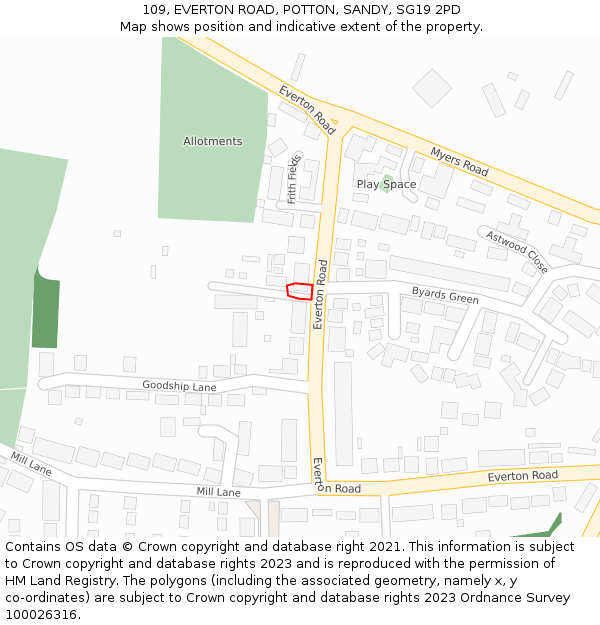 109, EVERTON ROAD, POTTON, SANDY, SG19 2PD: Location map and indicative extent of plot