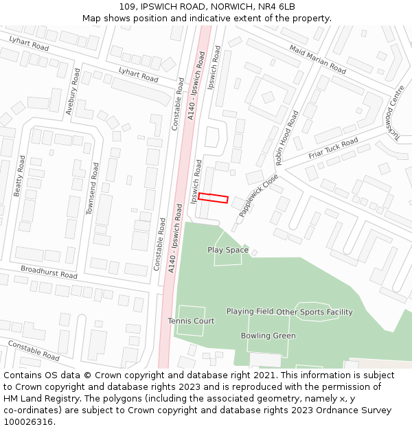 109, IPSWICH ROAD, NORWICH, NR4 6LB: Location map and indicative extent of plot