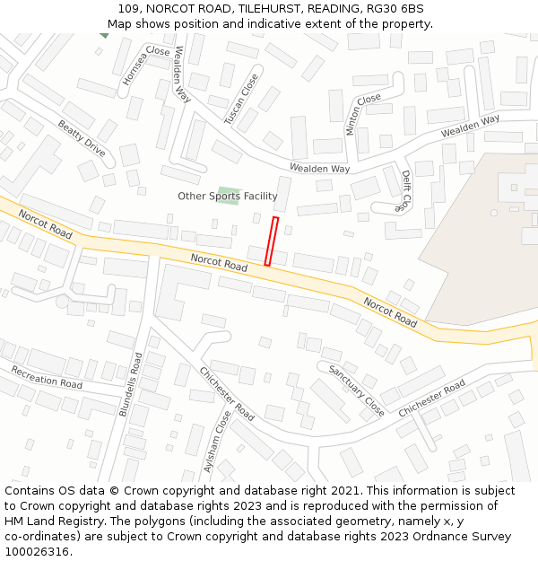 109, NORCOT ROAD, TILEHURST, READING, RG30 6BS: Location map and indicative extent of plot
