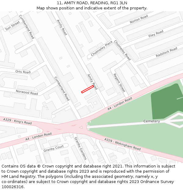 11, AMITY ROAD, READING, RG1 3LN: Location map and indicative extent of plot