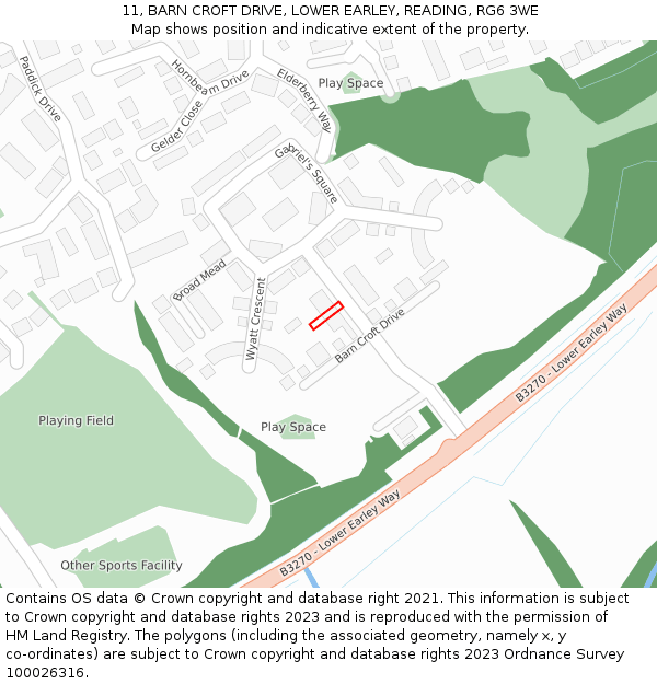 11, BARN CROFT DRIVE, LOWER EARLEY, READING, RG6 3WE: Location map and indicative extent of plot