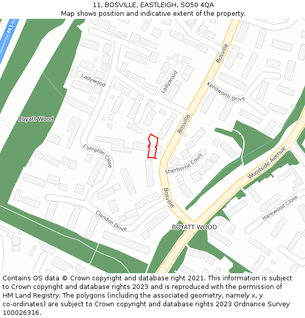 11, BOSVILLE, EASTLEIGH, SO50 4QA: Location map and indicative extent of plot