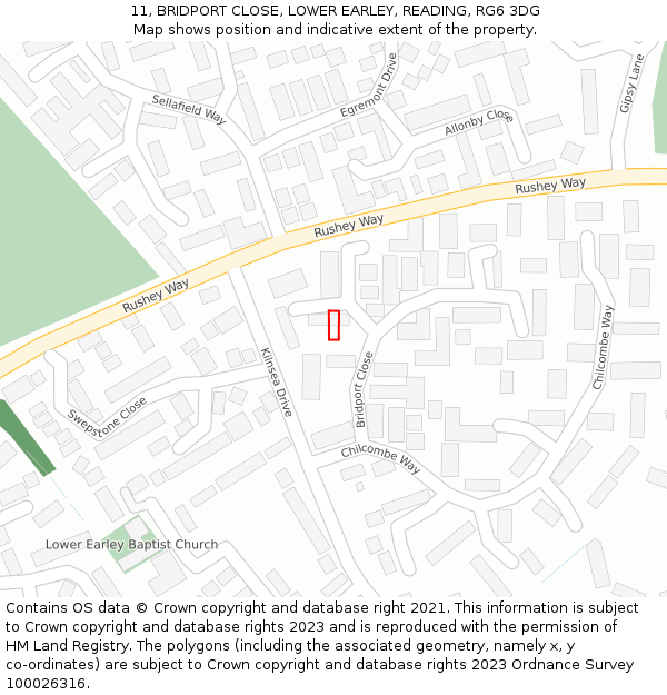 11, BRIDPORT CLOSE, LOWER EARLEY, READING, RG6 3DG: Location map and indicative extent of plot