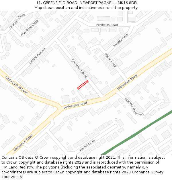 11, GREENFIELD ROAD, NEWPORT PAGNELL, MK16 8DB: Location map and indicative extent of plot