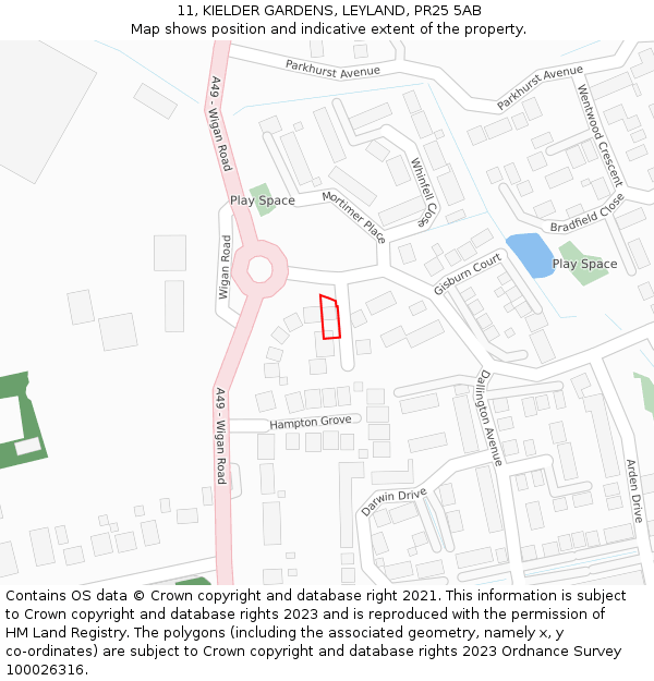 11, KIELDER GARDENS, LEYLAND, PR25 5AB: Location map and indicative extent of plot