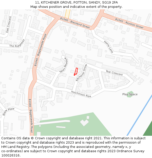 11, KITCHENER GROVE, POTTON, SANDY, SG19 2FA: Location map and indicative extent of plot
