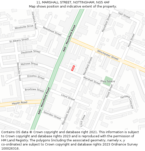 11, MARSHALL STREET, NOTTINGHAM, NG5 4AF: Location map and indicative extent of plot