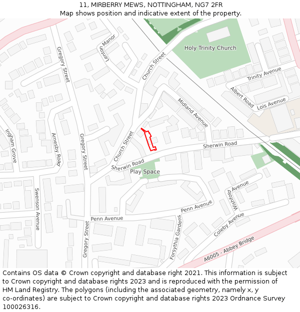 11, MIRBERRY MEWS, NOTTINGHAM, NG7 2FR: Location map and indicative extent of plot