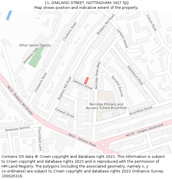 11, OAKLAND STREET, NOTTINGHAM, NG7 5JQ: Location map and indicative extent of plot