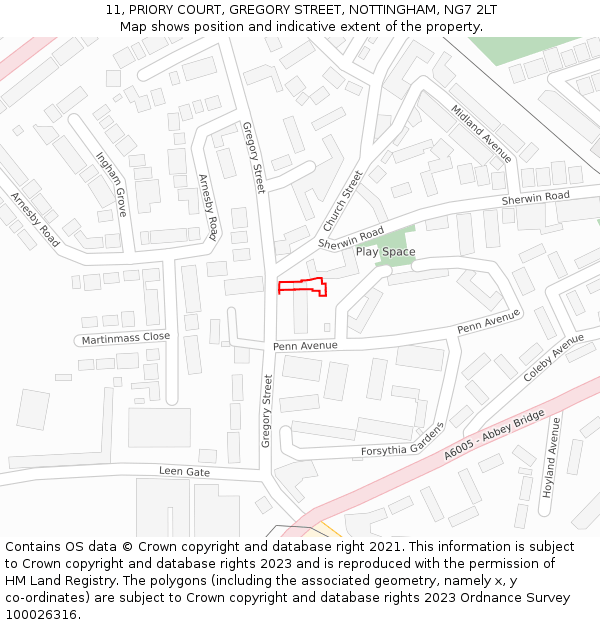 11, PRIORY COURT, GREGORY STREET, NOTTINGHAM, NG7 2LT: Location map and indicative extent of plot