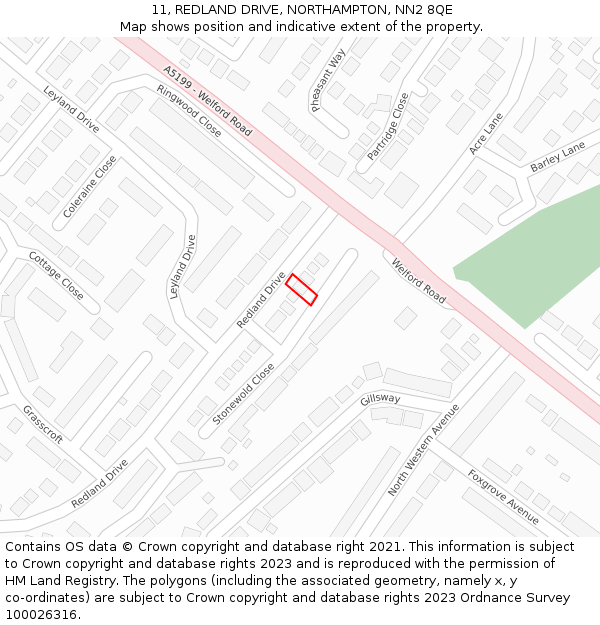 11, REDLAND DRIVE, NORTHAMPTON, NN2 8QE: Location map and indicative extent of plot