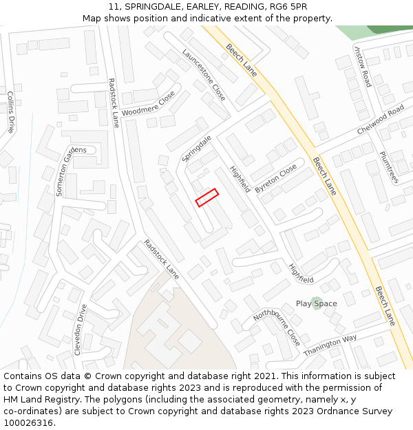 11, SPRINGDALE, EARLEY, READING, RG6 5PR: Location map and indicative extent of plot