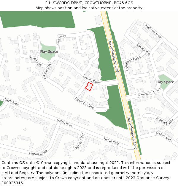 11, SWORDS DRIVE, CROWTHORNE, RG45 6GS: Location map and indicative extent of plot