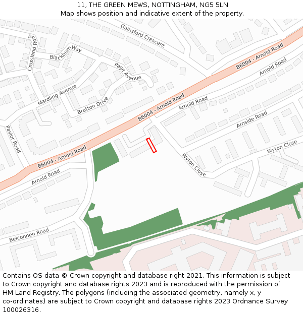 11, THE GREEN MEWS, NOTTINGHAM, NG5 5LN: Location map and indicative extent of plot