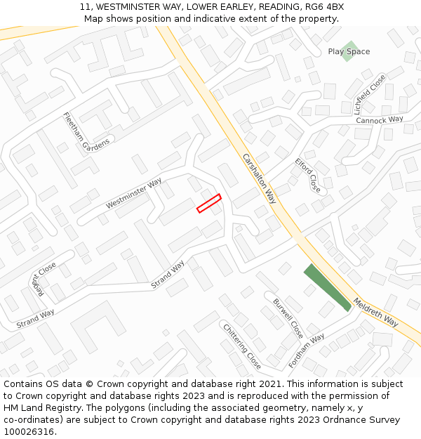 11, WESTMINSTER WAY, LOWER EARLEY, READING, RG6 4BX: Location map and indicative extent of plot