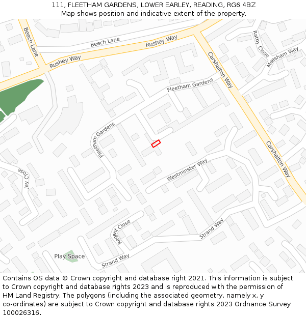 111, FLEETHAM GARDENS, LOWER EARLEY, READING, RG6 4BZ: Location map and indicative extent of plot