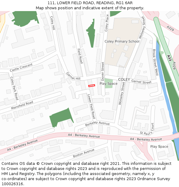 111, LOWER FIELD ROAD, READING, RG1 6AR: Location map and indicative extent of plot