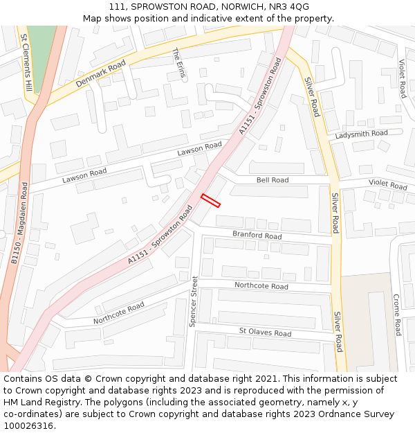 111, SPROWSTON ROAD, NORWICH, NR3 4QG: Location map and indicative extent of plot