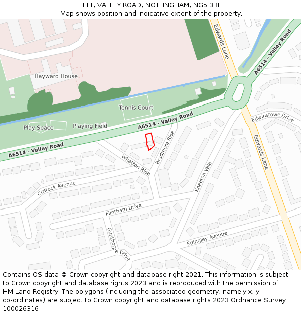 111, VALLEY ROAD, NOTTINGHAM, NG5 3BL: Location map and indicative extent of plot