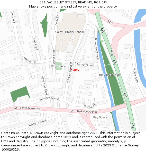 111, WOLSELEY STREET, READING, RG1 6AY: Location map and indicative extent of plot