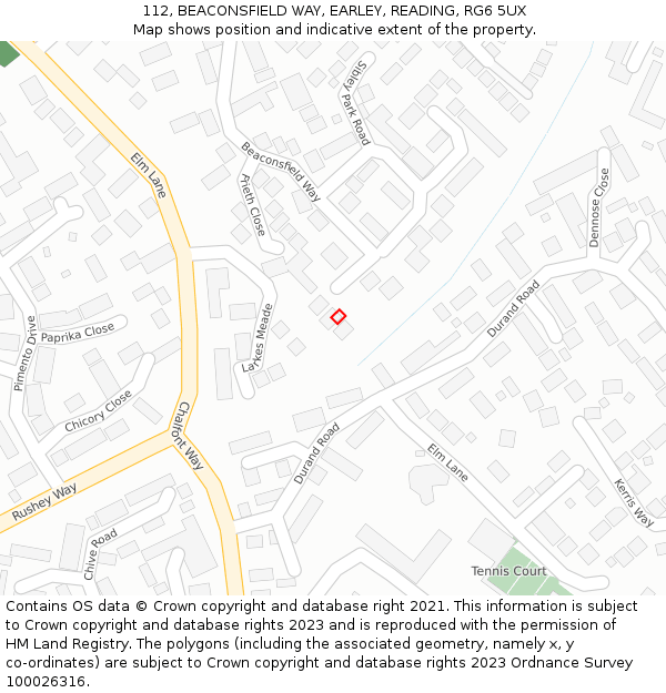 112, BEACONSFIELD WAY, EARLEY, READING, RG6 5UX: Location map and indicative extent of plot