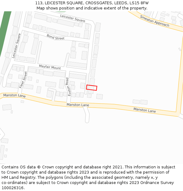 113, LEICESTER SQUARE, CROSSGATES, LEEDS, LS15 8FW: Location map and indicative extent of plot