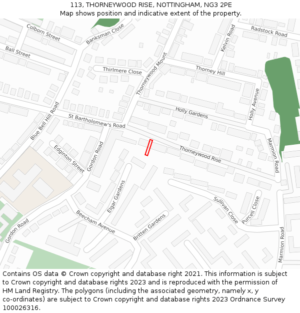113, THORNEYWOOD RISE, NOTTINGHAM, NG3 2PE: Location map and indicative extent of plot