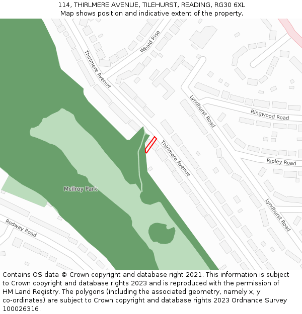 114, THIRLMERE AVENUE, TILEHURST, READING, RG30 6XL: Location map and indicative extent of plot