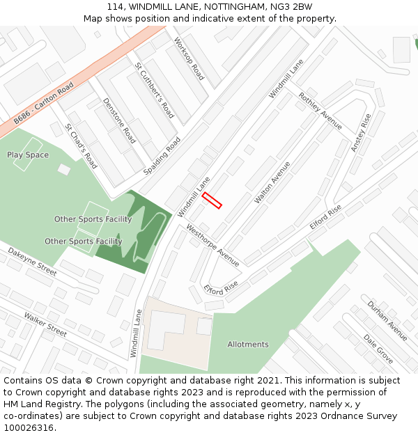 114, WINDMILL LANE, NOTTINGHAM, NG3 2BW: Location map and indicative extent of plot
