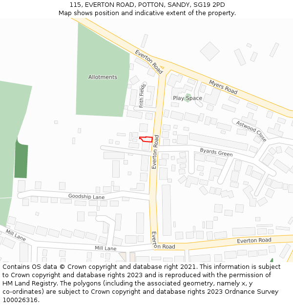 115, EVERTON ROAD, POTTON, SANDY, SG19 2PD: Location map and indicative extent of plot