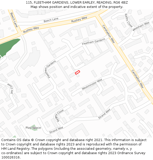 115, FLEETHAM GARDENS, LOWER EARLEY, READING, RG6 4BZ: Location map and indicative extent of plot