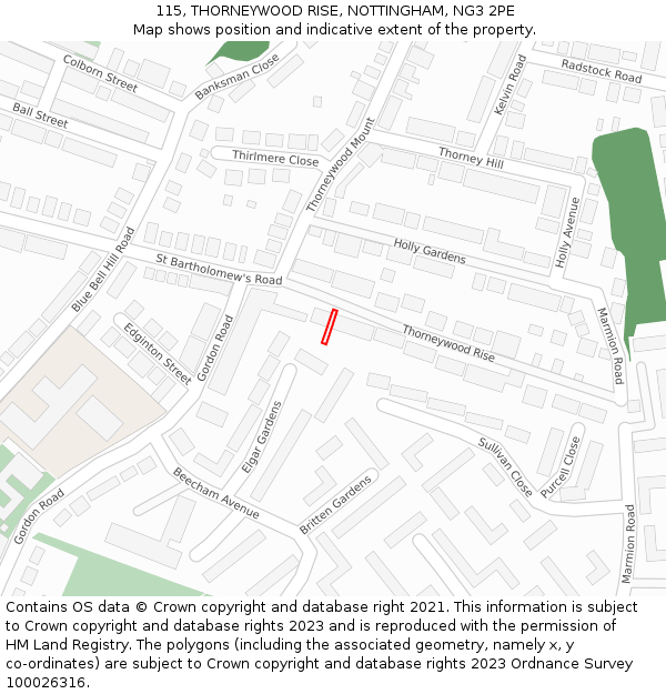 115, THORNEYWOOD RISE, NOTTINGHAM, NG3 2PE: Location map and indicative extent of plot