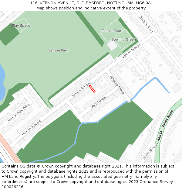 116, VERNON AVENUE, OLD BASFORD, NOTTINGHAM, NG6 0AL: Location map and indicative extent of plot