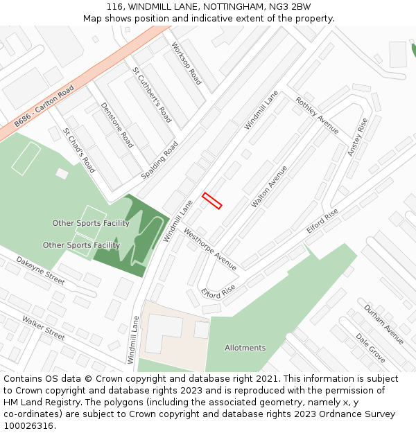 116, WINDMILL LANE, NOTTINGHAM, NG3 2BW: Location map and indicative extent of plot