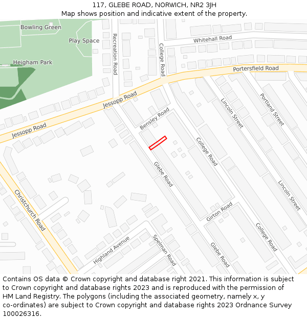 117, GLEBE ROAD, NORWICH, NR2 3JH: Location map and indicative extent of plot