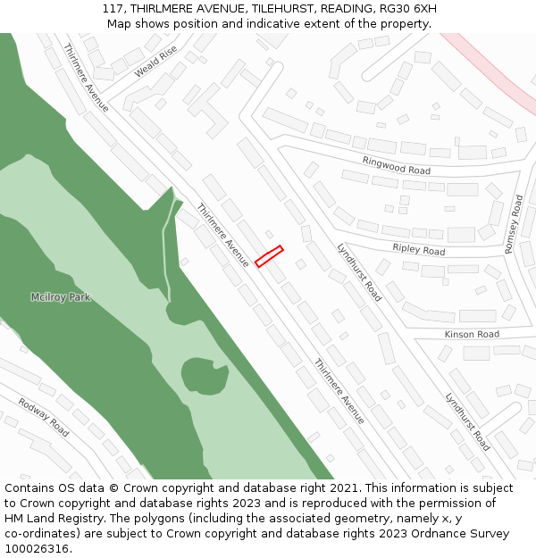 117, THIRLMERE AVENUE, TILEHURST, READING, RG30 6XH: Location map and indicative extent of plot