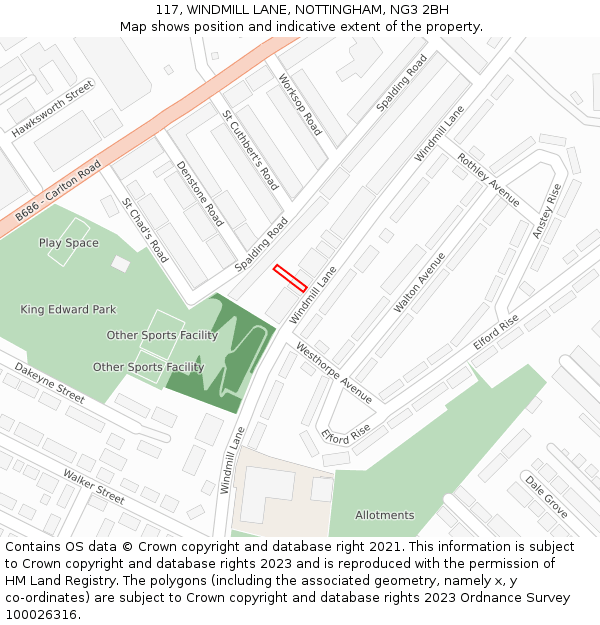 117, WINDMILL LANE, NOTTINGHAM, NG3 2BH: Location map and indicative extent of plot