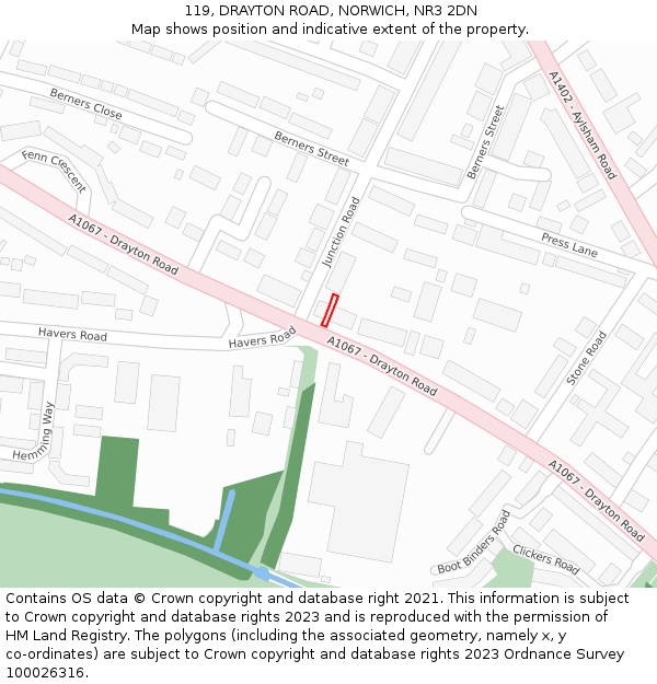 119, DRAYTON ROAD, NORWICH, NR3 2DN: Location map and indicative extent of plot