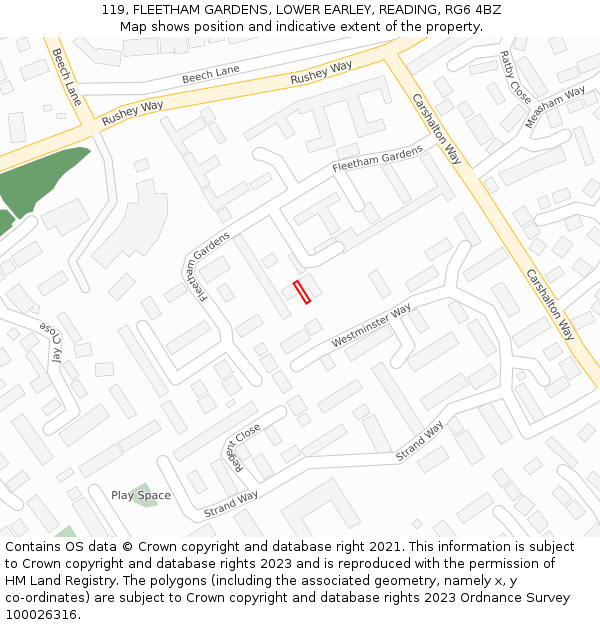 119, FLEETHAM GARDENS, LOWER EARLEY, READING, RG6 4BZ: Location map and indicative extent of plot