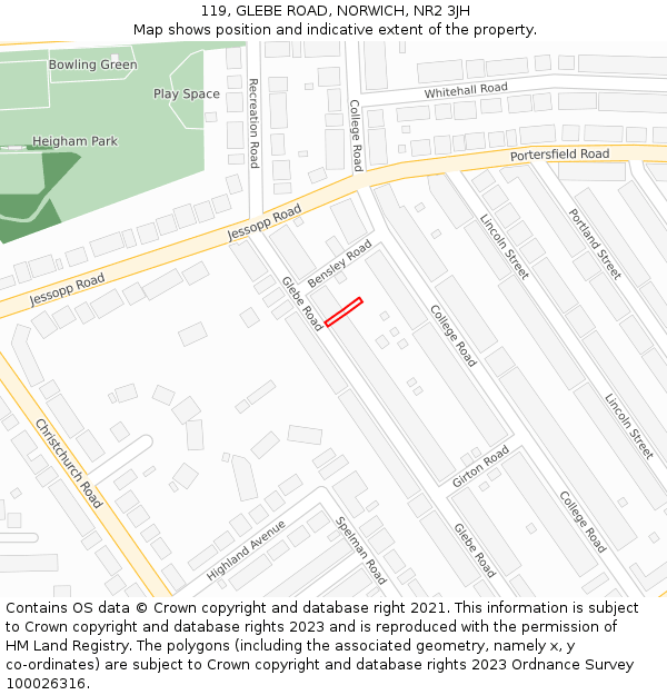 119, GLEBE ROAD, NORWICH, NR2 3JH: Location map and indicative extent of plot
