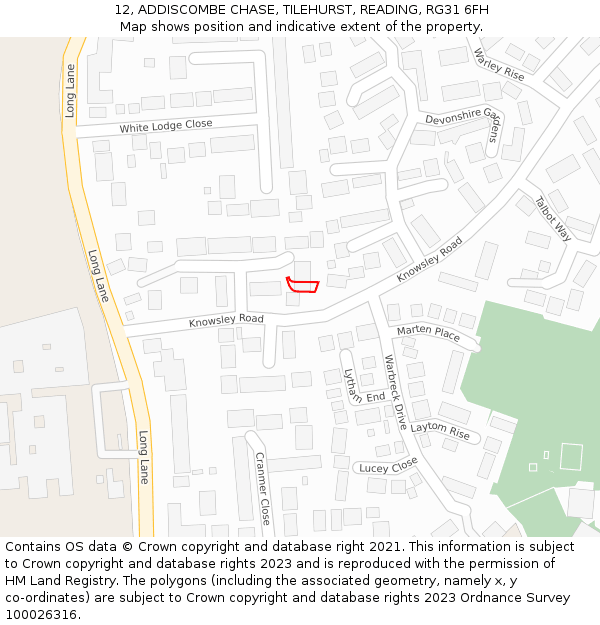 12, ADDISCOMBE CHASE, TILEHURST, READING, RG31 6FH: Location map and indicative extent of plot