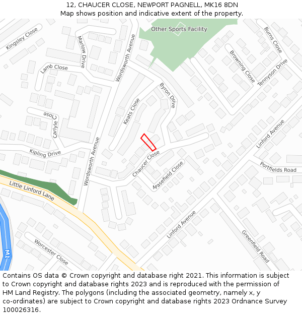 12, CHAUCER CLOSE, NEWPORT PAGNELL, MK16 8DN: Location map and indicative extent of plot