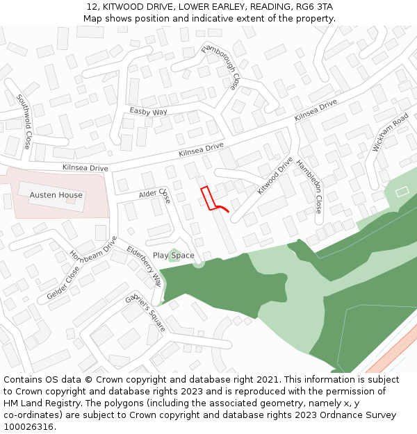 12, KITWOOD DRIVE, LOWER EARLEY, READING, RG6 3TA: Location map and indicative extent of plot
