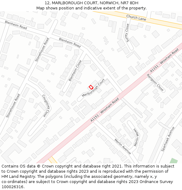 12, MARLBOROUGH COURT, NORWICH, NR7 8DH: Location map and indicative extent of plot