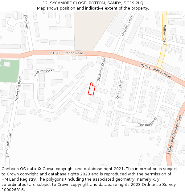 12, SYCAMORE CLOSE, POTTON, SANDY, SG19 2LQ: Location map and indicative extent of plot