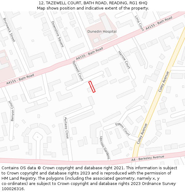 12, TAZEWELL COURT, BATH ROAD, READING, RG1 6HQ: Location map and indicative extent of plot