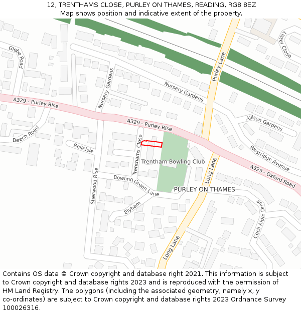 12, TRENTHAMS CLOSE, PURLEY ON THAMES, READING, RG8 8EZ: Location map and indicative extent of plot