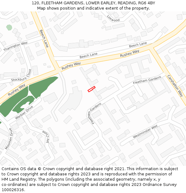 120, FLEETHAM GARDENS, LOWER EARLEY, READING, RG6 4BY: Location map and indicative extent of plot