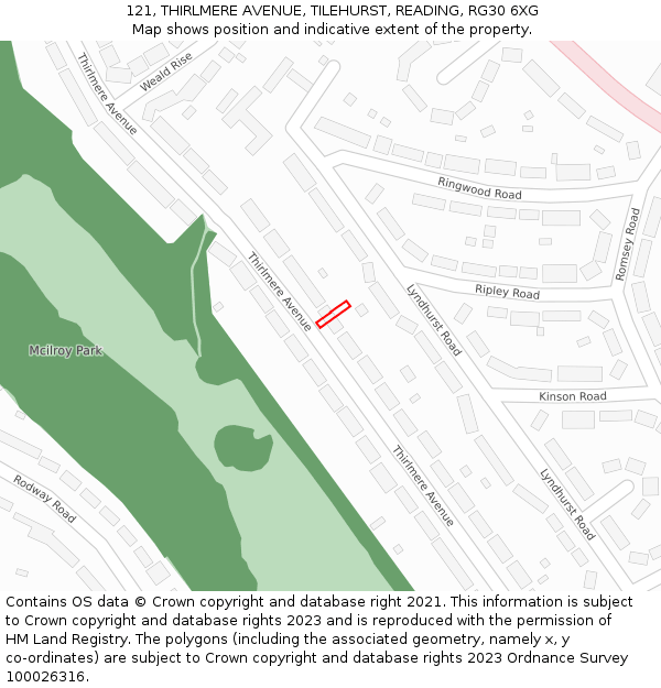 121, THIRLMERE AVENUE, TILEHURST, READING, RG30 6XG: Location map and indicative extent of plot