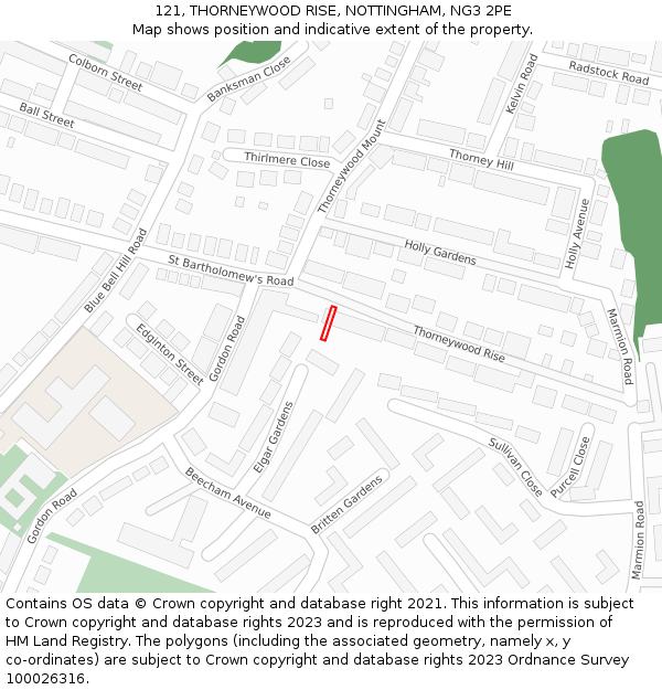 121, THORNEYWOOD RISE, NOTTINGHAM, NG3 2PE: Location map and indicative extent of plot